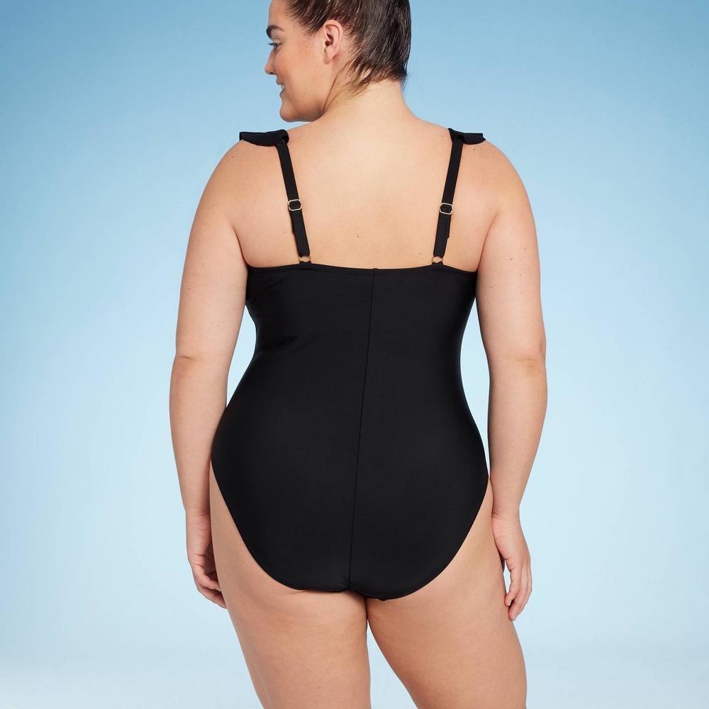 WomensRuffle Plunge One Piece Swimsuit - Shade & Shore Black XL: Cheeky Cut, Adjustable Straps, V-Neck Product Image