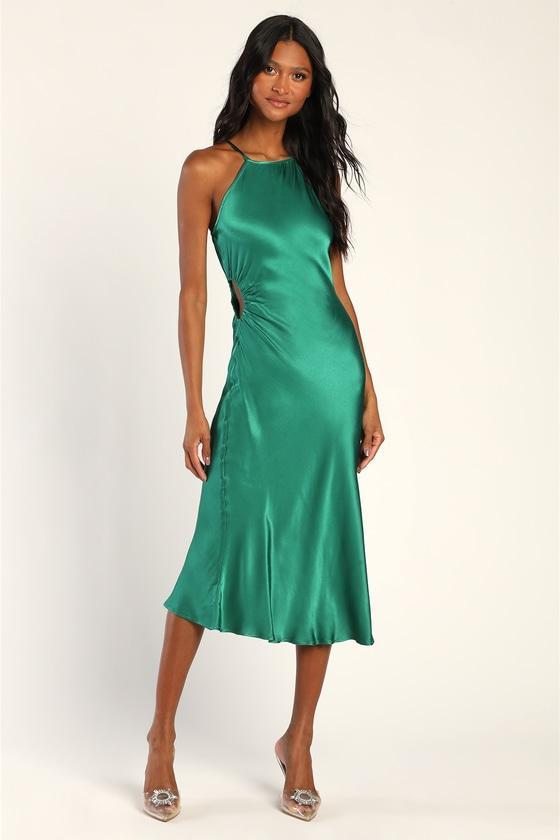 Sleek and Sultry Green Satin Cutout Midi Dress Product Image