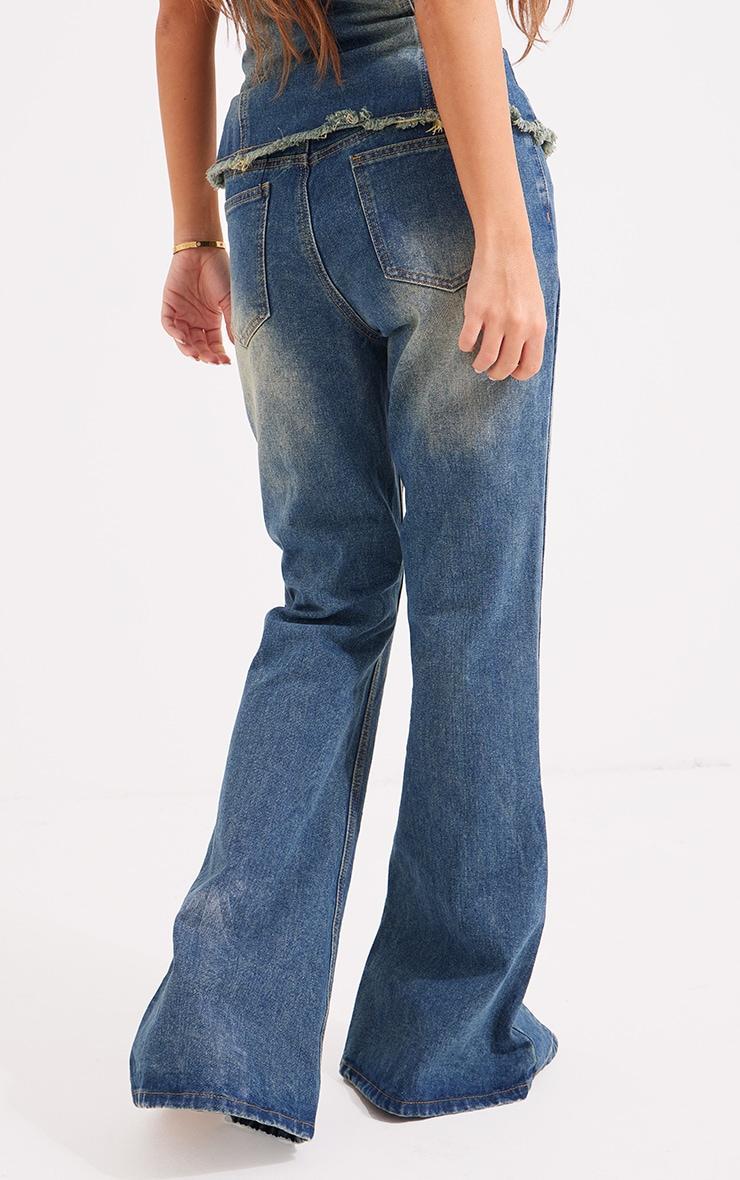 Mid Blue Wash Lace Trim Frayed Edge Flared Denim Jeans Product Image