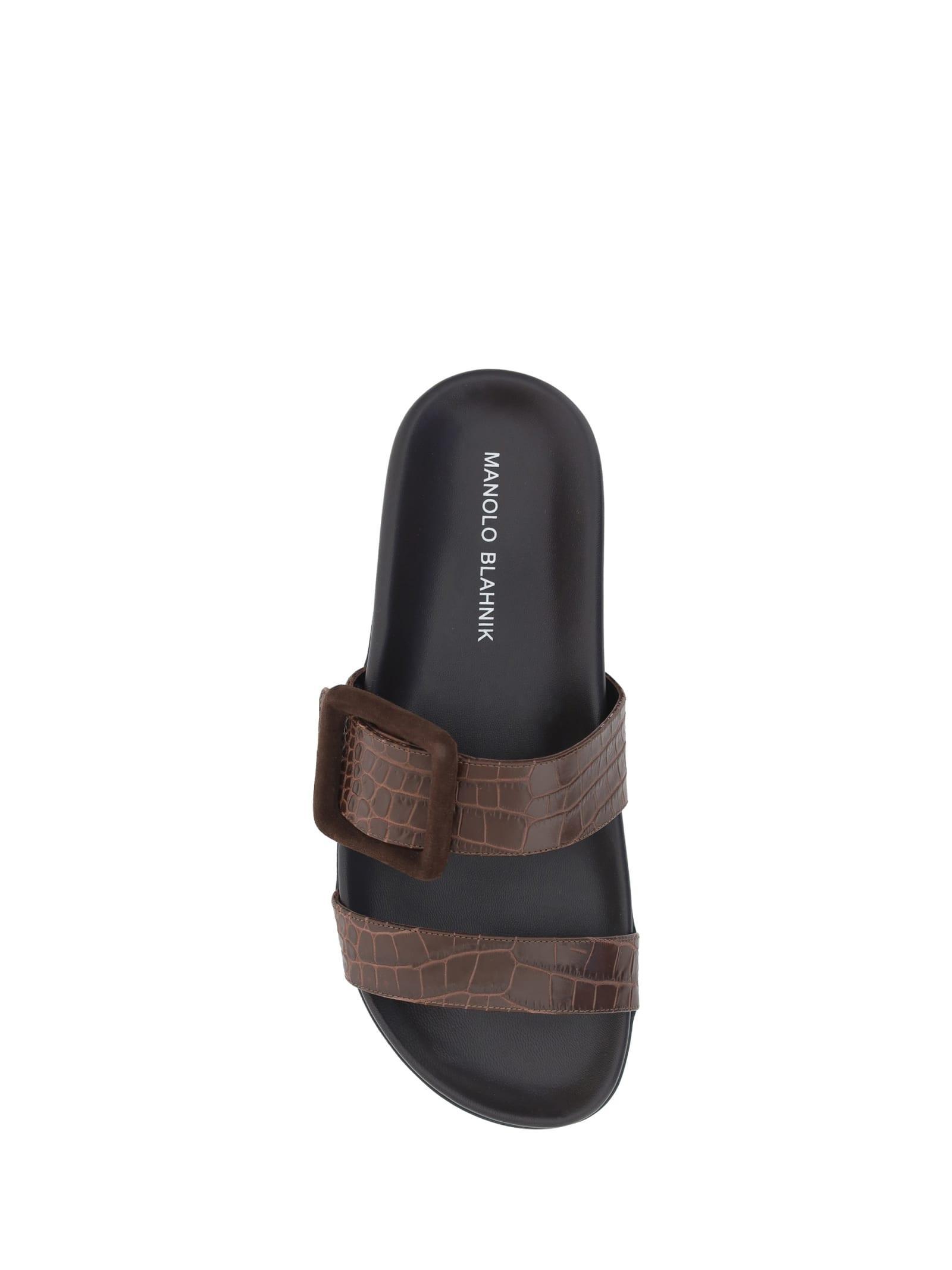 MANOLO BLAHNIK Mayfu Fussbett Croco Slide Sandals In Dark Brown Product Image