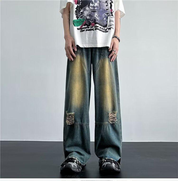 Mid Rise Washed Distressed Wide Leg Jeans Product Image