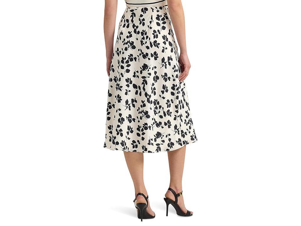 LAUREN Ralph Lauren Leaf-Print Satin Charmeuse Midi Skirt (Cream/Black) Women's Skirt Product Image