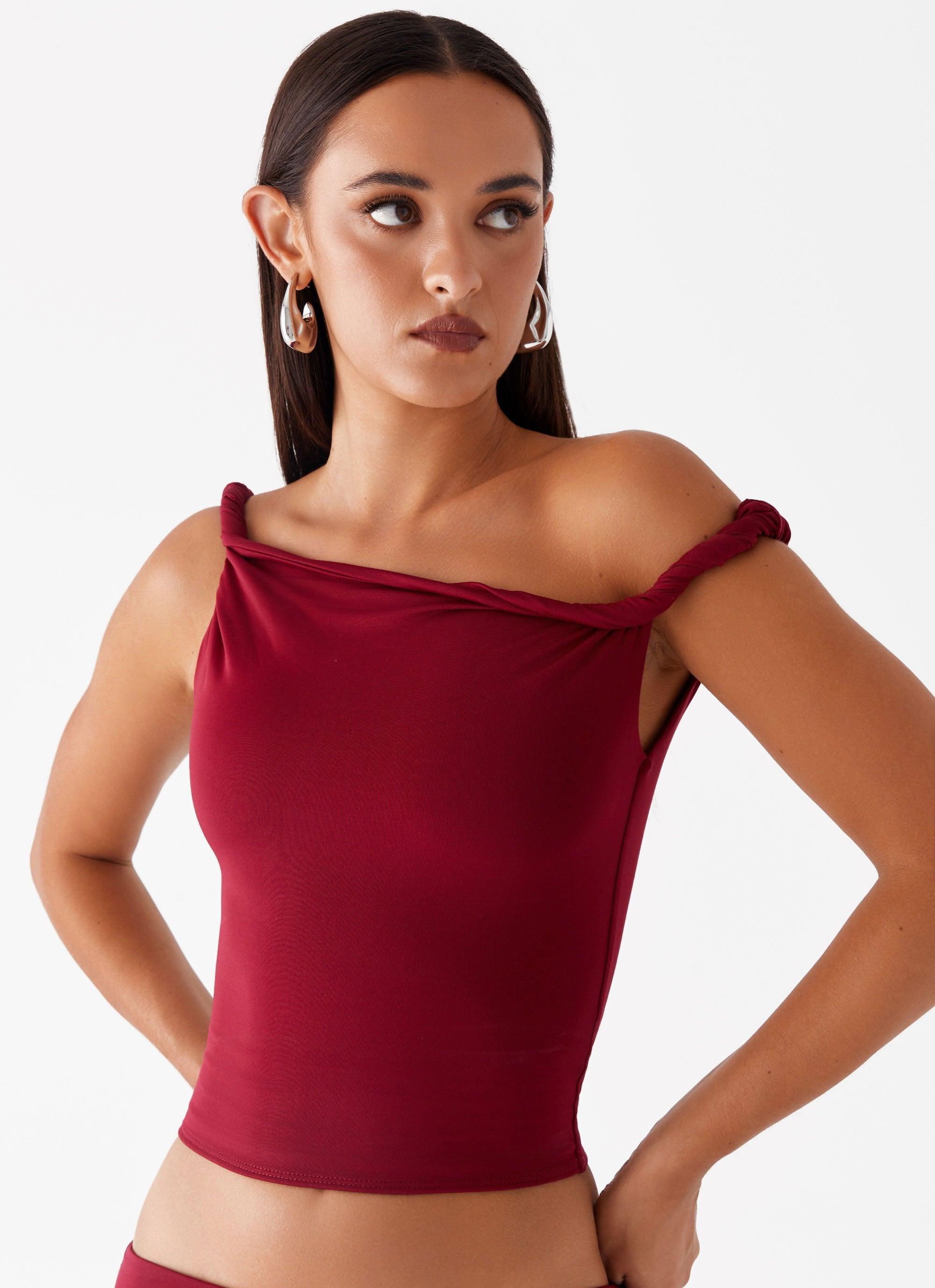 Solace Soul Twist Shoulder Top - Maroon Product Image