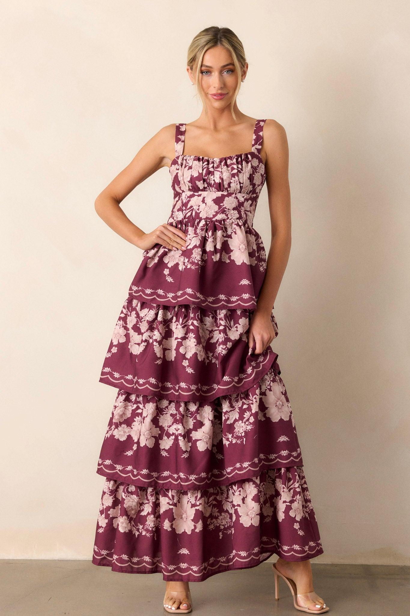 Sweet Reminiscence Wine Floral Tiered Maxi Dress Product Image