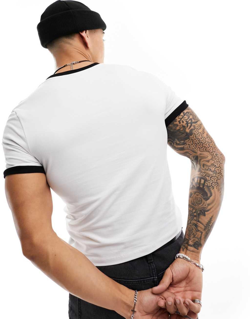 ASOS DESIGN muscle-fit ringer t-shirt in white with lips chest print Product Image