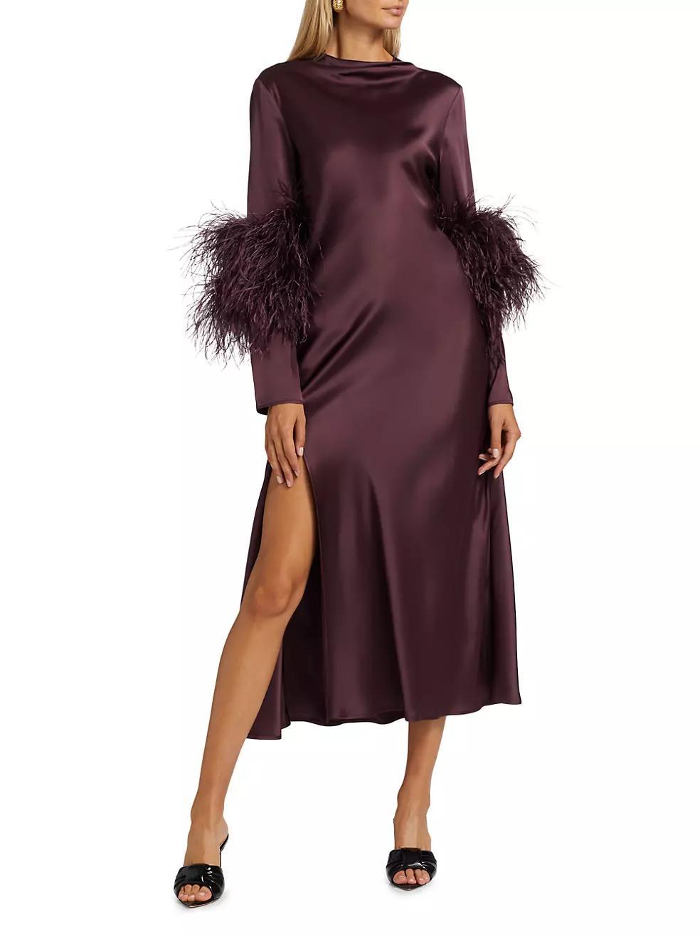 Feather-Cuff Satin Midi-Dress Product Image