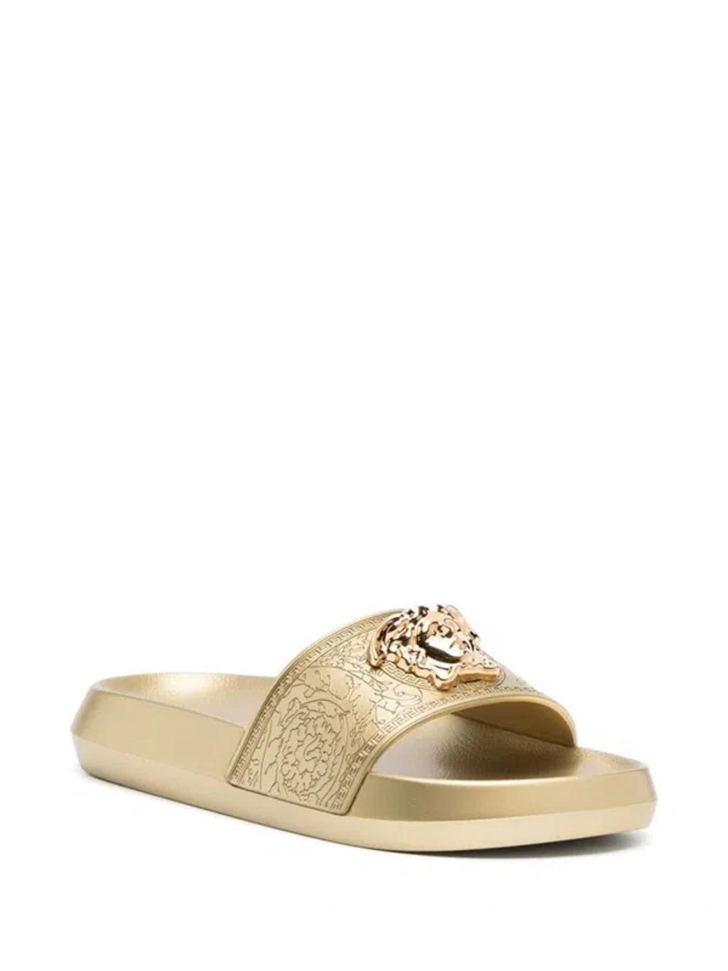 VERSACE Beige Palazzo Slides In Gold Product Image