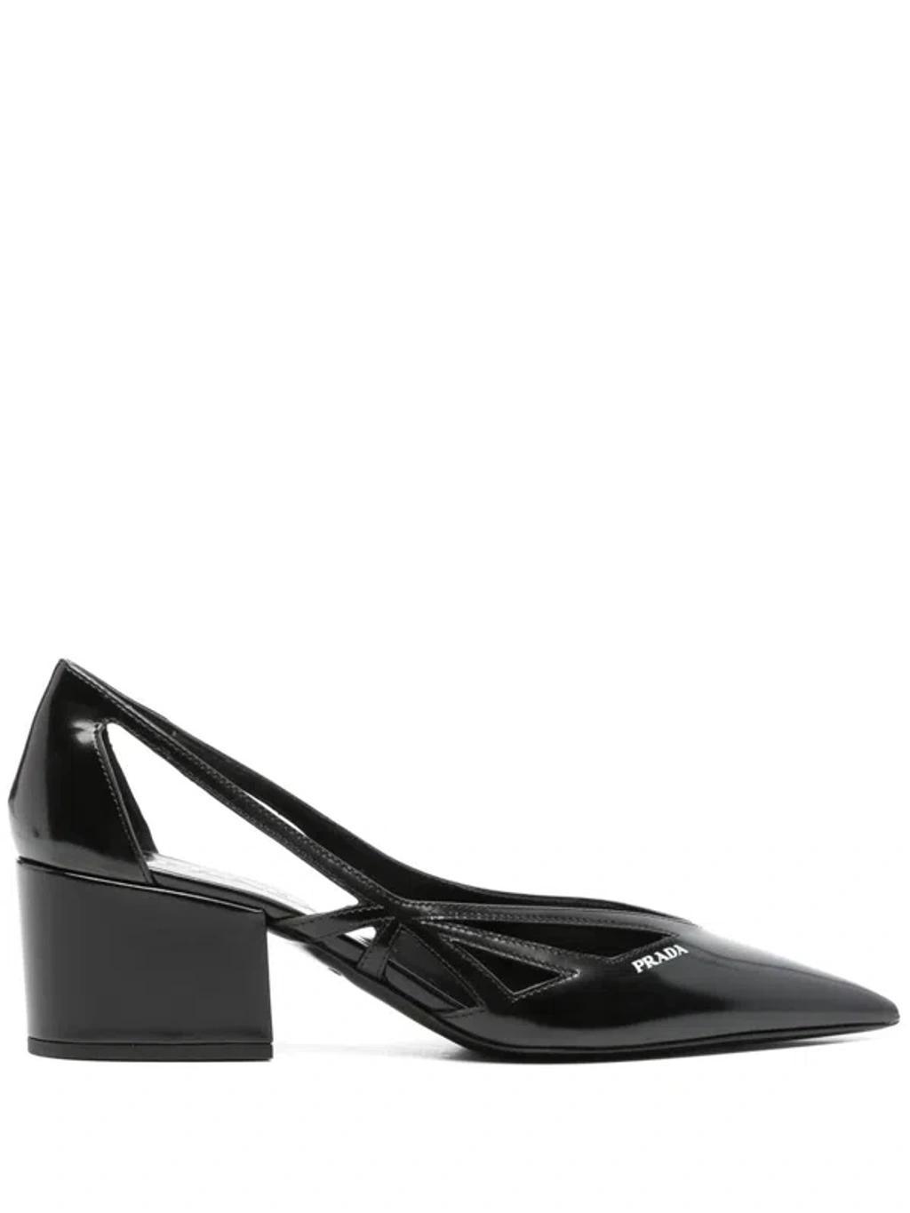 PRADA Leather Cutout Block-heel Pumps In Black Product Image