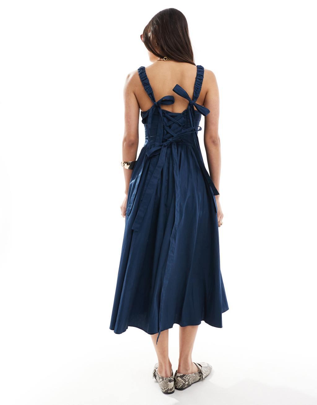 ASOS DESIGN lace up corset midi dress with full skirt in navy Product Image