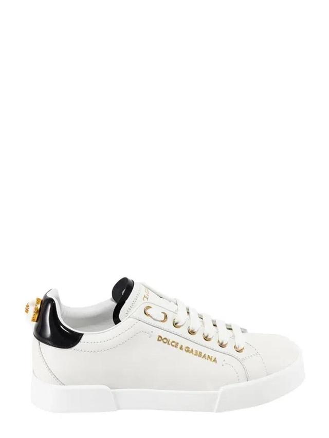 DOLCE & GABBANA Portofino Sneakers In Leather With Pearl In White Product Image