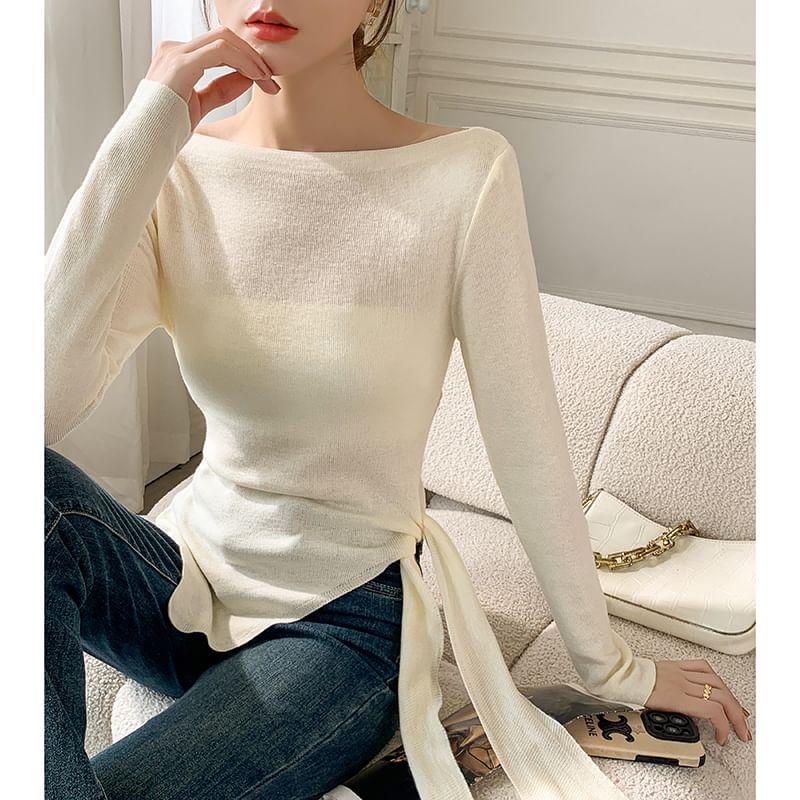 Long-Sleeve Boat Neck Plain Asymmetrical Tie Side Slim Fit Knit Top Product Image