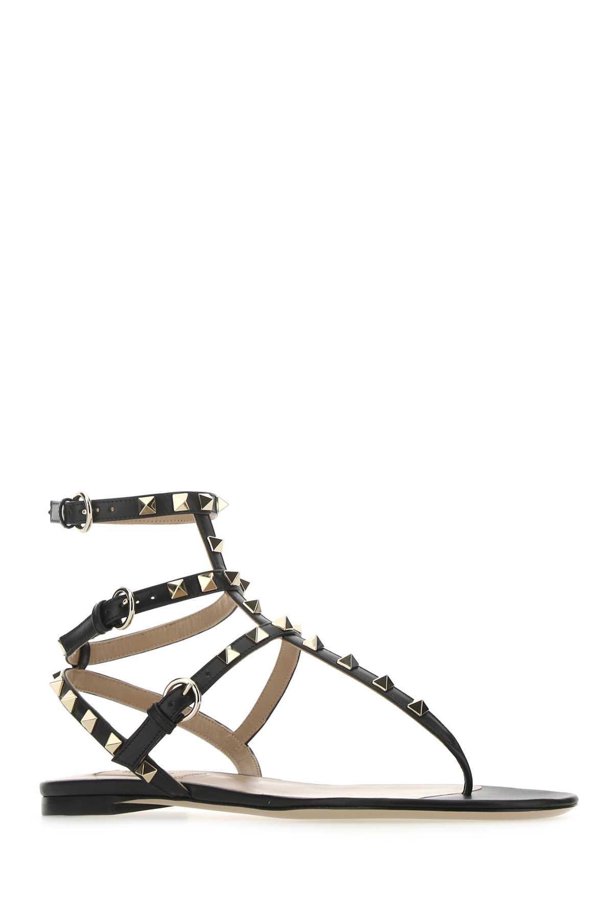 Rockstud Flat Calfskin Sandal With Straps Woman Black 41 Product Image