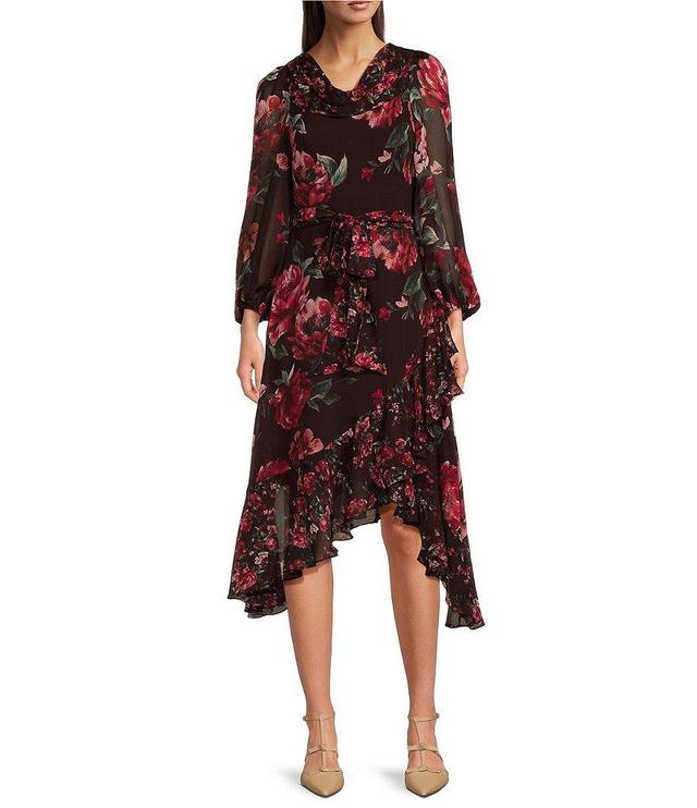 Alex Marie Petite Size Birdie Chiffon Floral Print Ruch Cowl Neck Long Sleeve Tie Waist Ruffled Asymmetric Midi Flare Dress Product Image