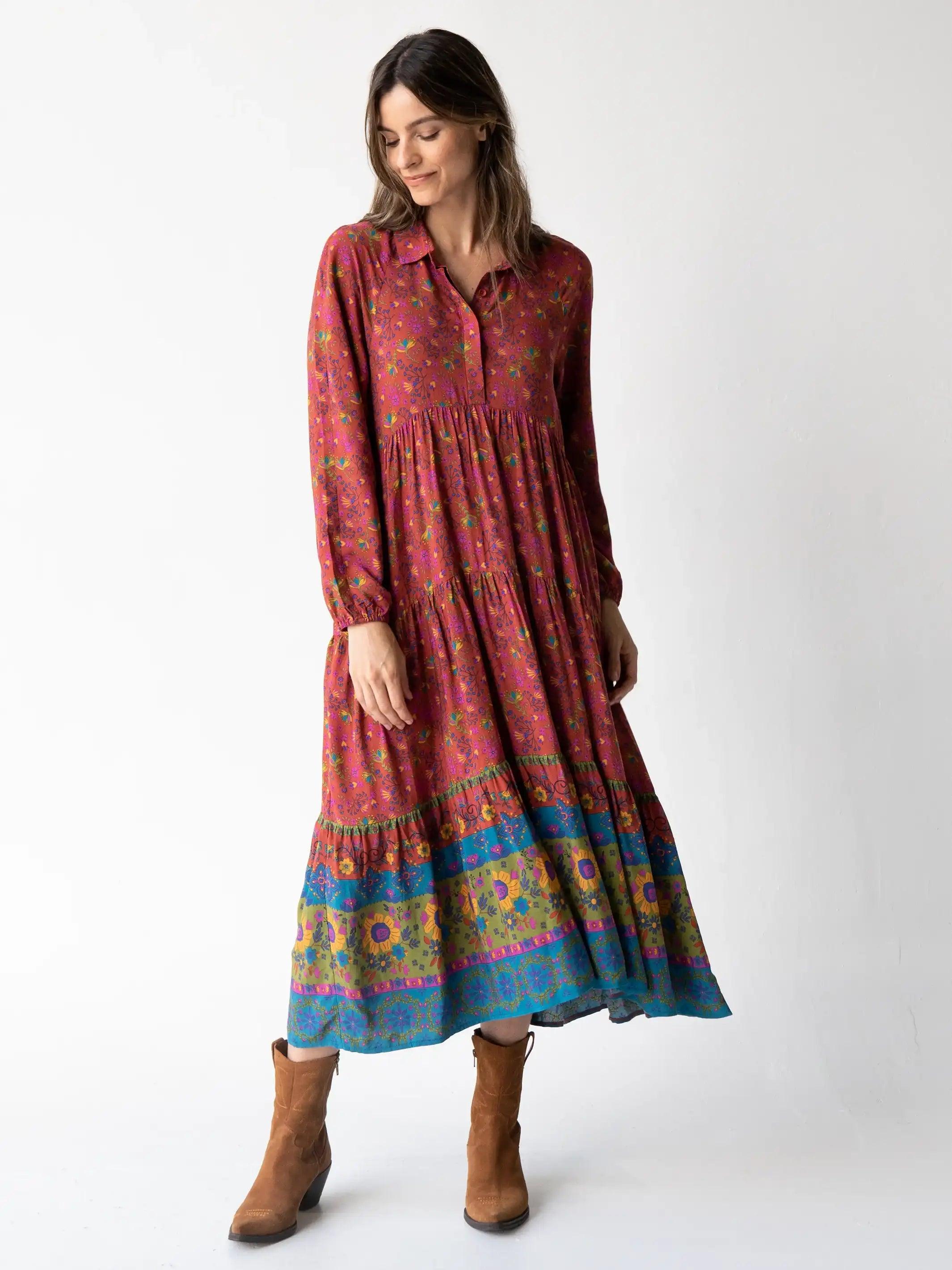 Rebecca Long Sleeve Midi Dress - Sunflowers Red Clay product image