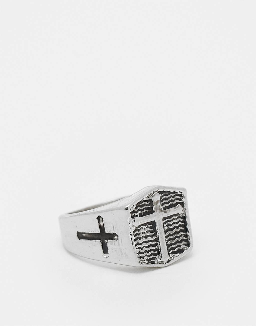 ASOS DESIGN signet ring with cross in burnished silver Product Image