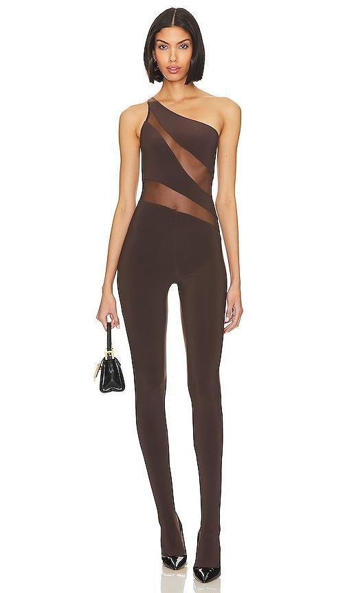 Norma Kamali Snake Mesh Catsuit With Footsie in Chocolate. Product Image