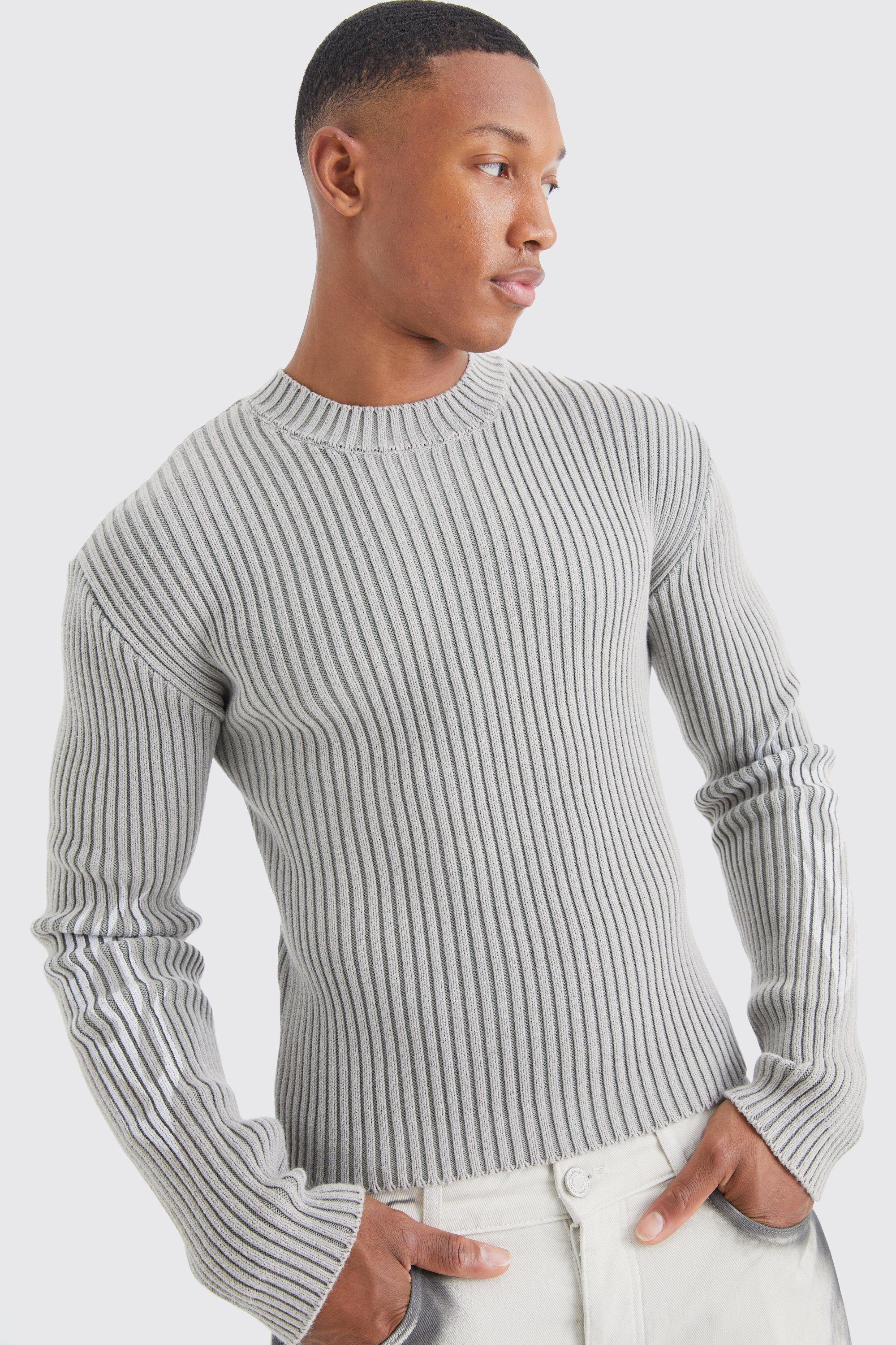 Muscle Fit Ribbed Acid Wash Knit Sweater | boohooMAN USA Product Image