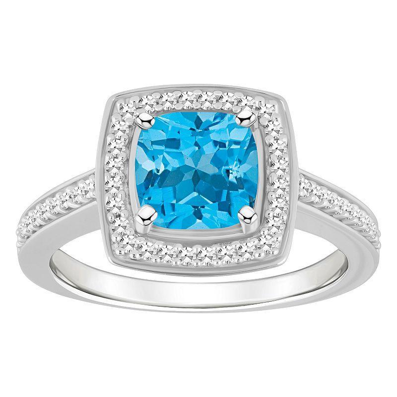 Celebration Gems Sterling Silver 7 mm Cushion Gemstone & 1/4 Carat T.W. Diamond Halo Ring, Womens, Blue Product Image