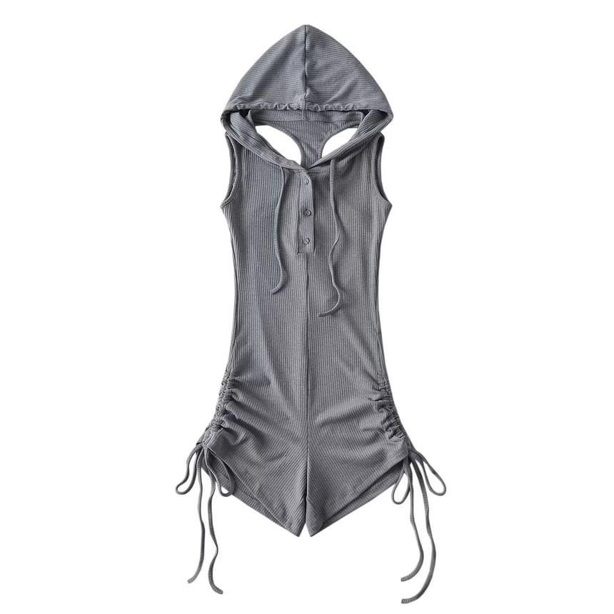 Sleeveless Henley Plain Hooded Drawstring Romper Product Image