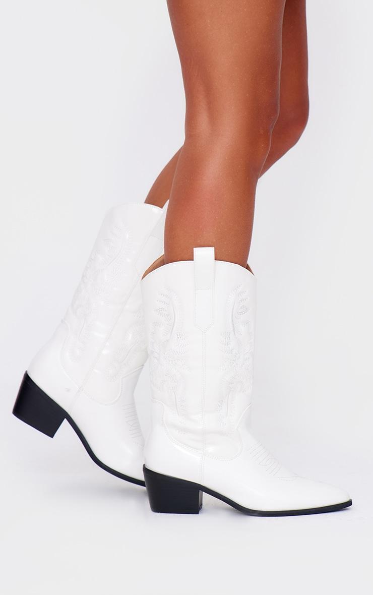 White Wide Fit Point Toe Stitching Heeled Ankle Cowboy Boots product image