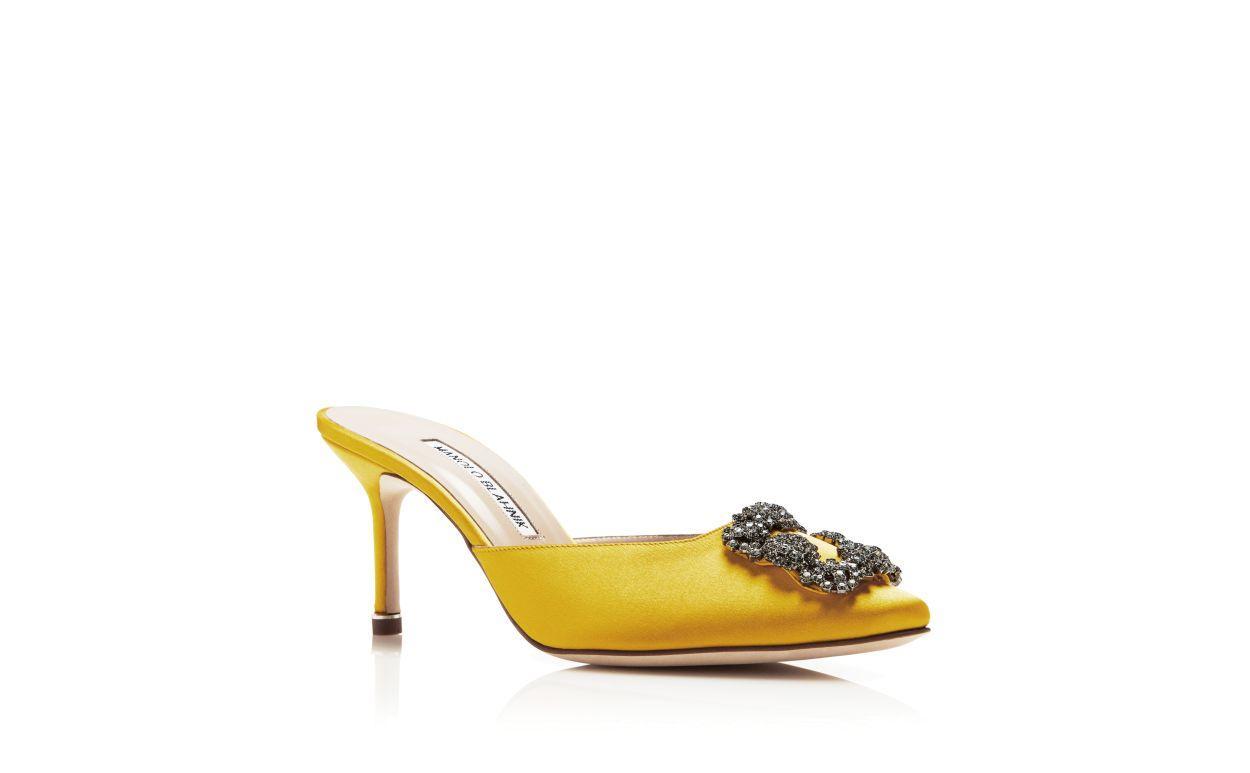 HANGISIMU Yellow Satin Jewel Buckle Mules Product Image