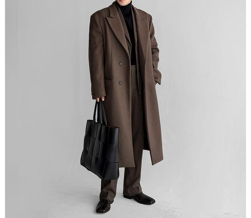 Lapel Neck Plain Double Breasted Long Coat Product Image