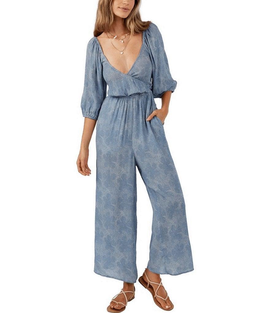 O'Neill Cecilia Printed 3/4 Sleeve Smocked Back Wide Leg Jumpsuit Product Image