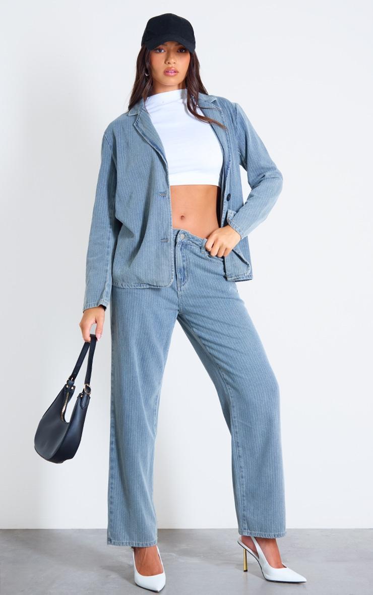 Washed Blue Pinstripe Lightweight Denim Oversized Blazer Product Image