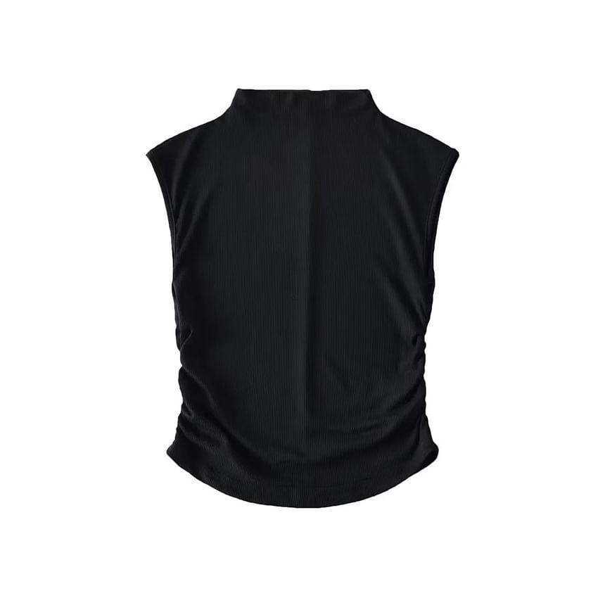 Sleeveless Mock-Neck Ruched Plain Crop Top Product Image