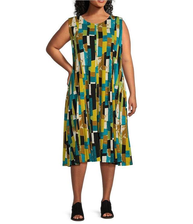 Multiples Plus Size Slub Knit Geometric Multi Scoop Neck Sleeveless A-Line Midi Tank Dress Product Image