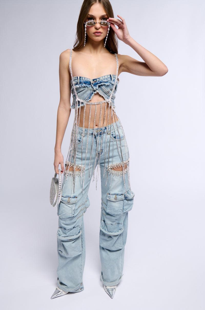 CALLING THE SHOTS CARGO DENIM WITH RHINESTONES Product Image