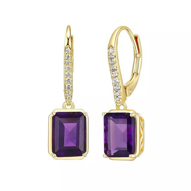 18K Gold Over Silver Genuine Amethyst and White Topaz Leverback Earrings, Womens, Purple Product Image