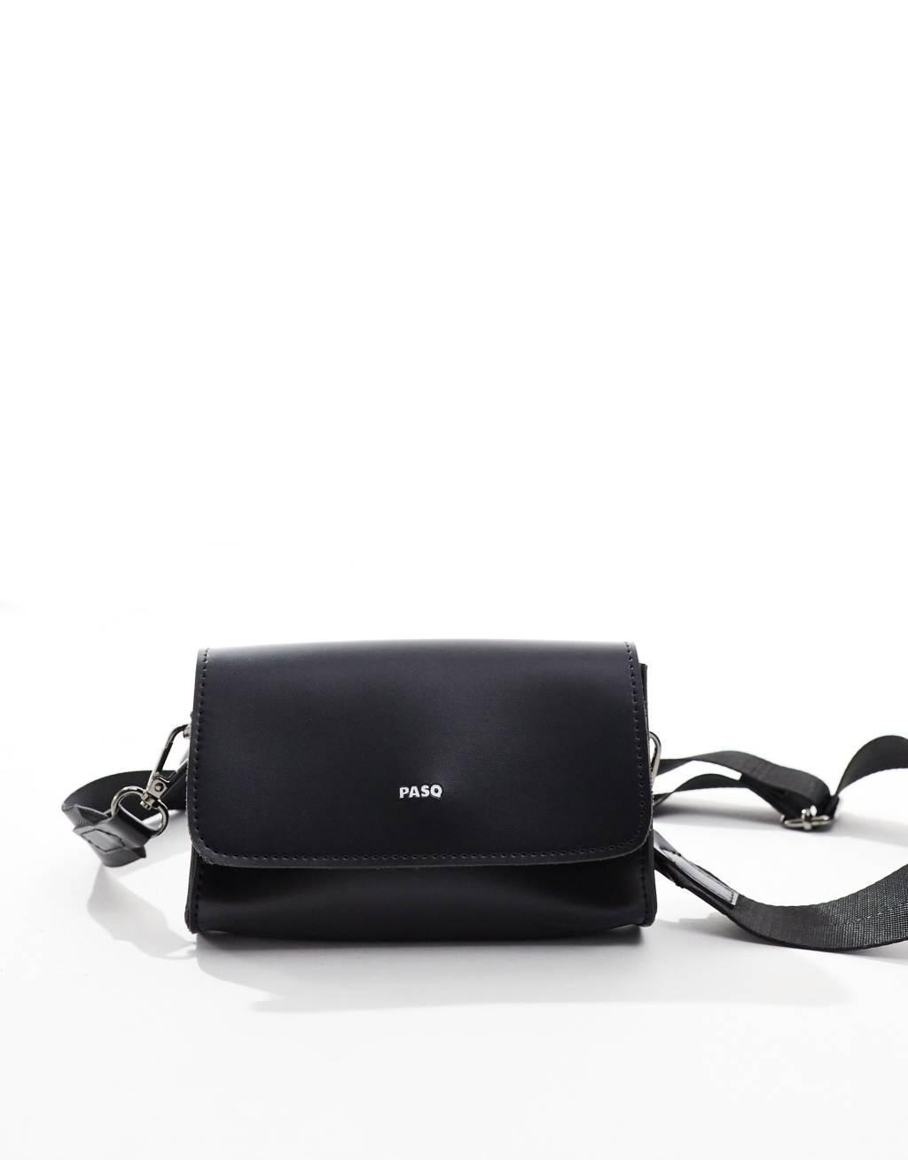 PASQ rectangular flap top cross body bag in black Product Image