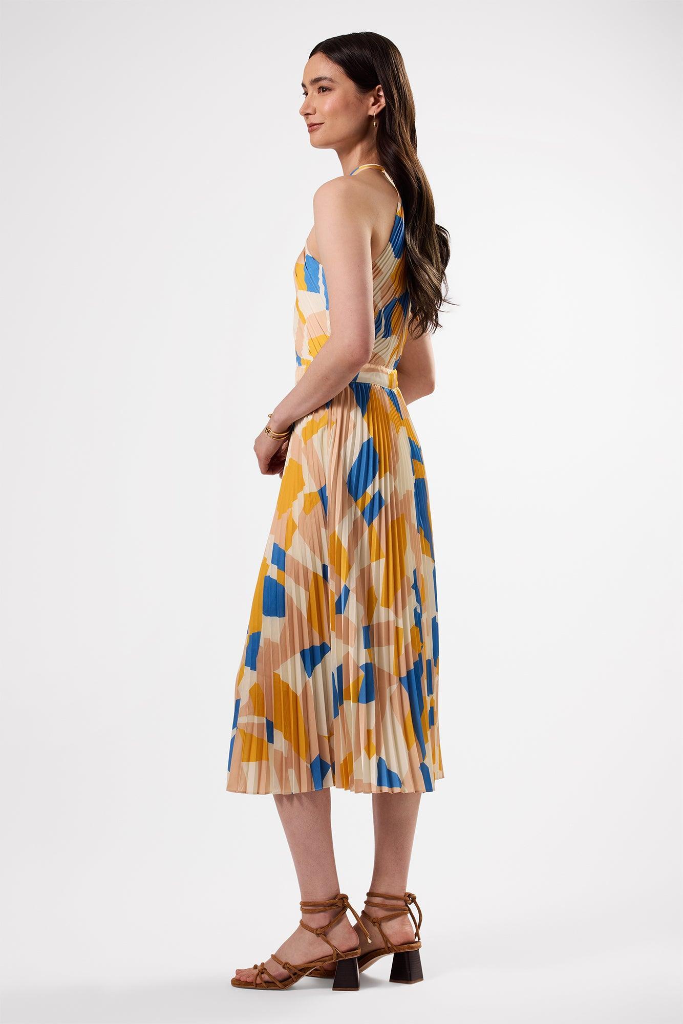 Pleat Recycled Sateen Dress - Sonia Indigo Blue Multi Product Image