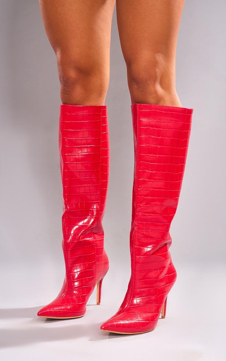 Red PU Croc Point Toe Stiletto Heeled Knee High Boots Product Image