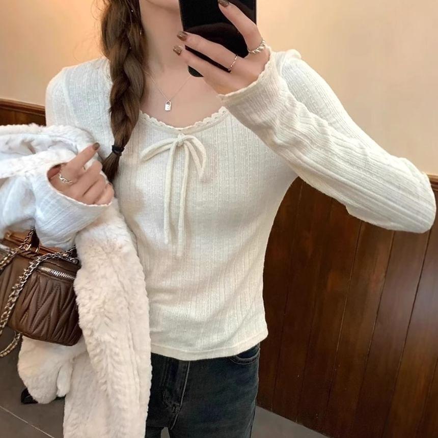 Long Sleeve Lace-Trim Bow Accent Plain Slim-Fit Knit Top Product Image