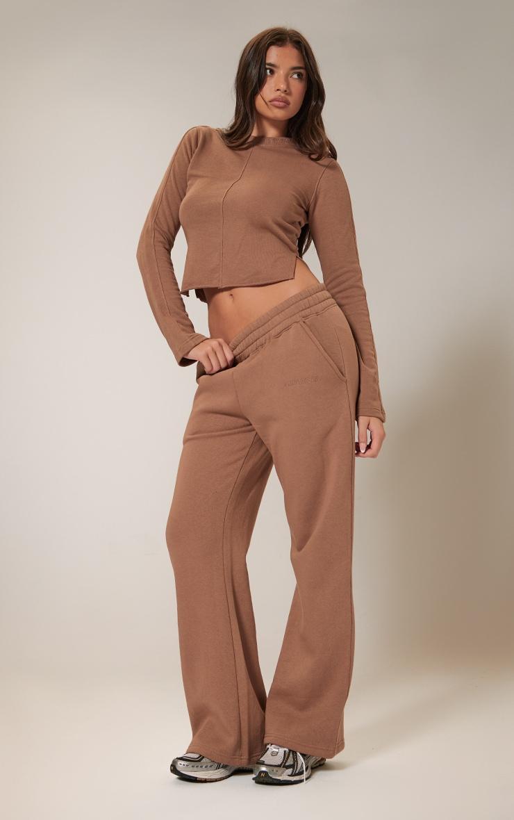 PRETTYLITTLETHING Taupe Embroidered Raw Hem Seam Detail Fitted Long Top Product Image