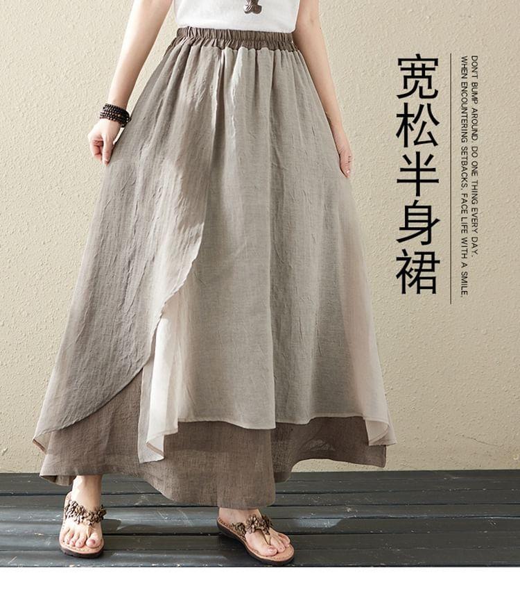 High Rise Two Tone Asymmetrical Maxi A-Line Skirt Product Image