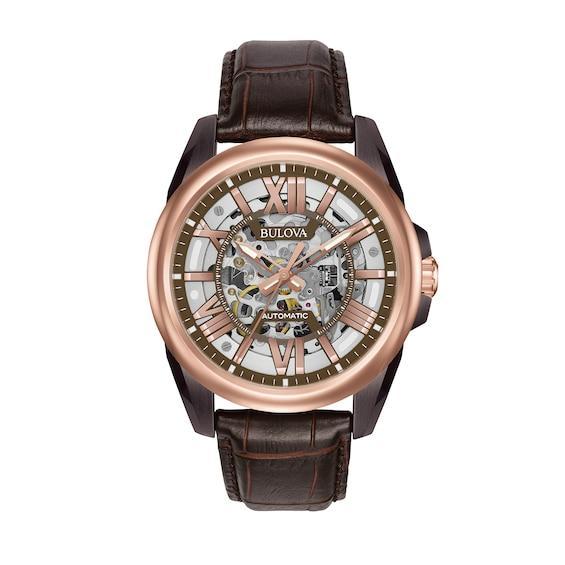 Men's Bulova Classic Automatic Two-Tone Strap Watch with Brown Skeleton Dial (Model: 98A165) Product Image