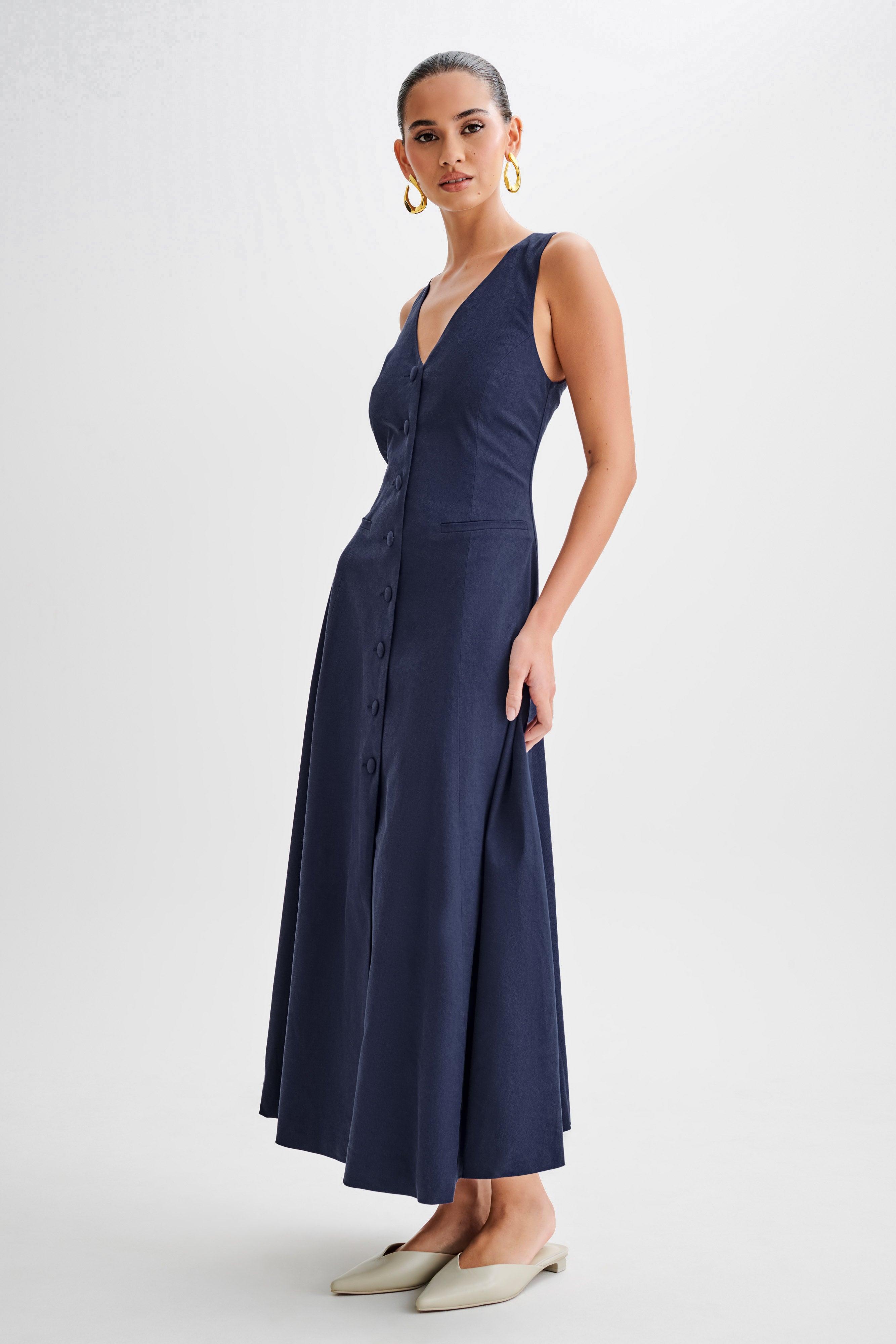 Theodora Cotton Buttoned Midi Dress - Navy Product Image