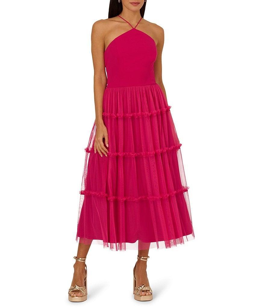 Adrianna Papell Knit And Mesh Halter Neck Sleeveless Tiered Trimmed A-Line Dress Product Image