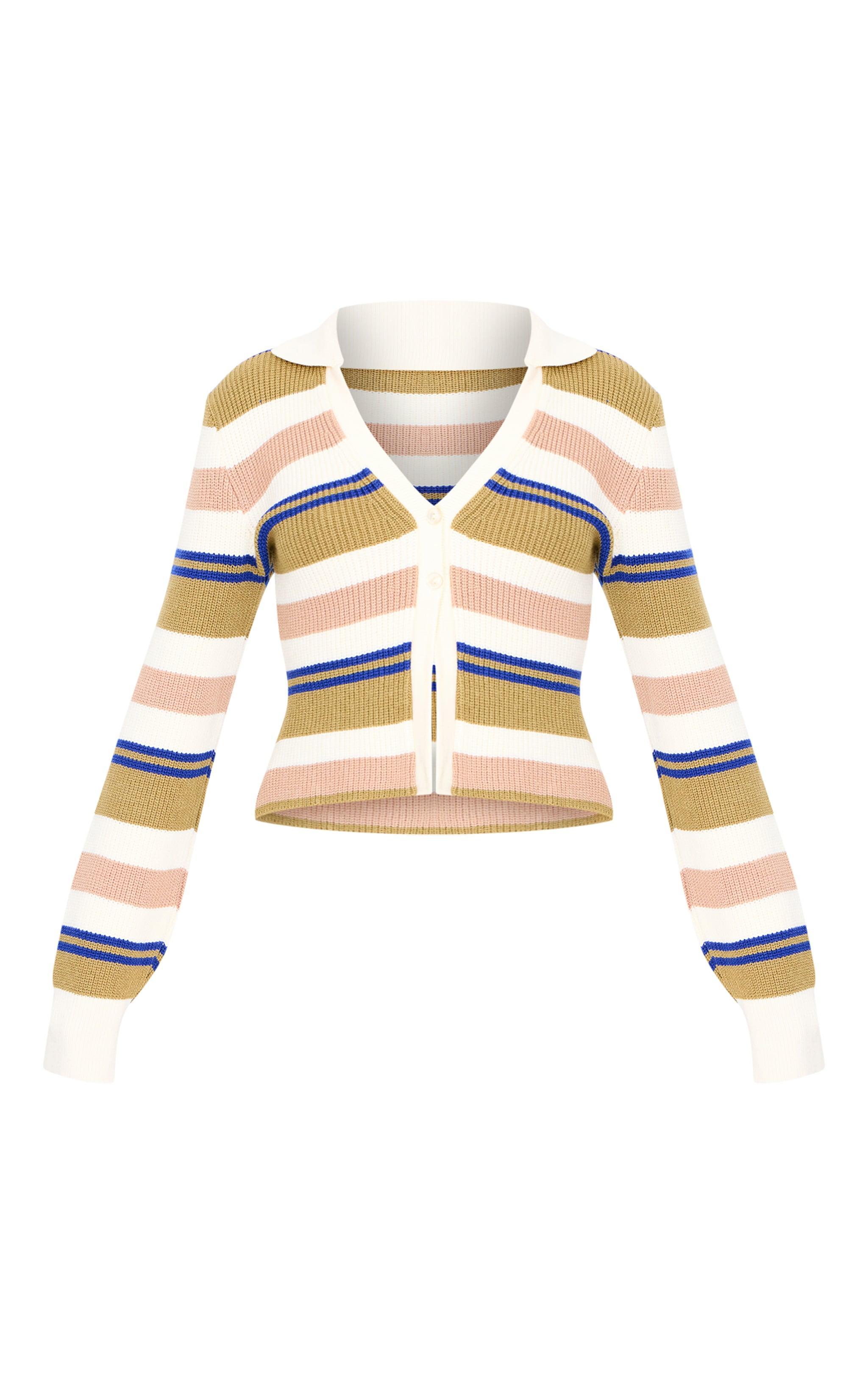 Navy And Green Stripe Button Through Thick Rib Knit Rugby Shirt Product Image