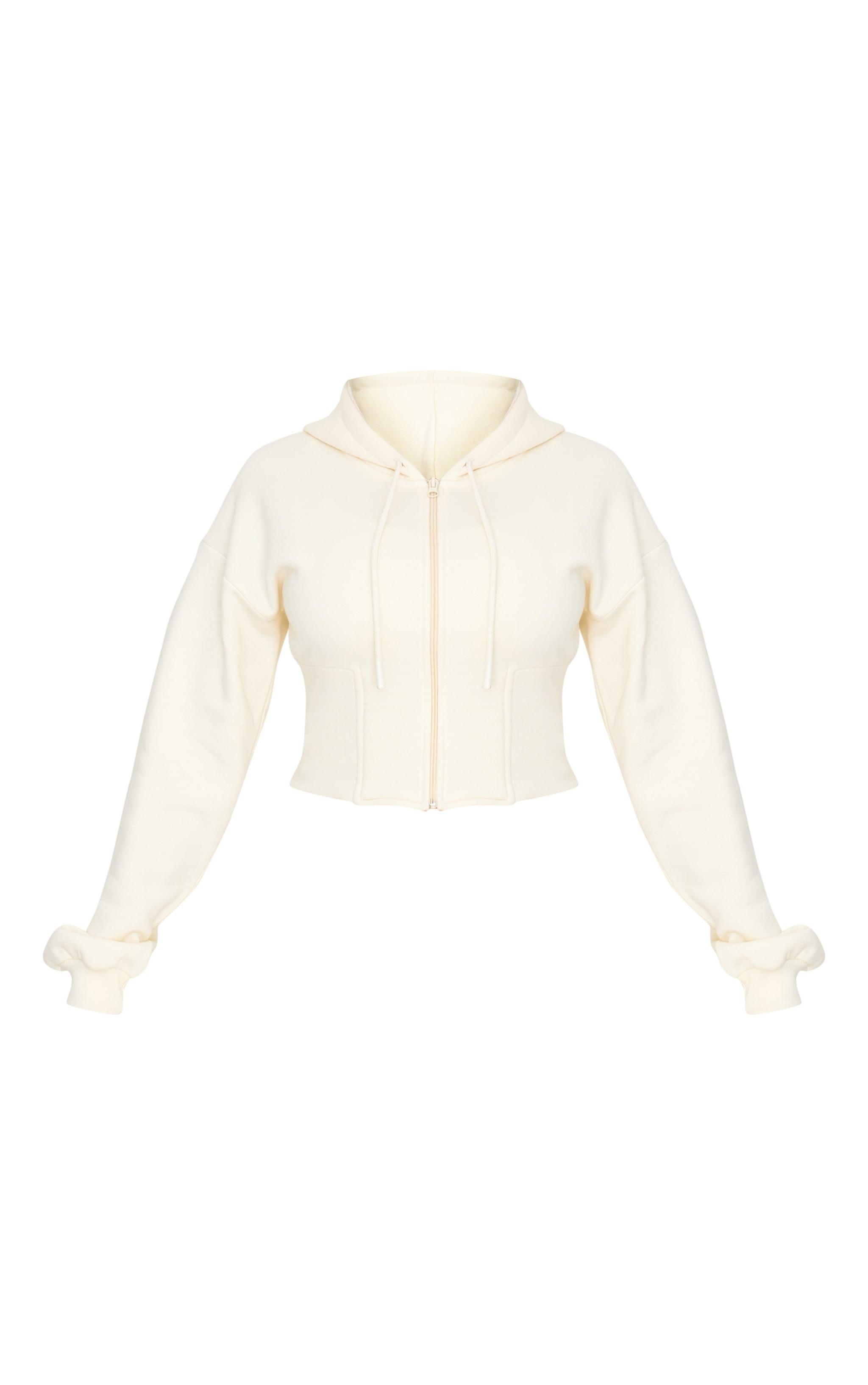 Cream Cinched Waist Cropped Zip Up Hoodie Product Image