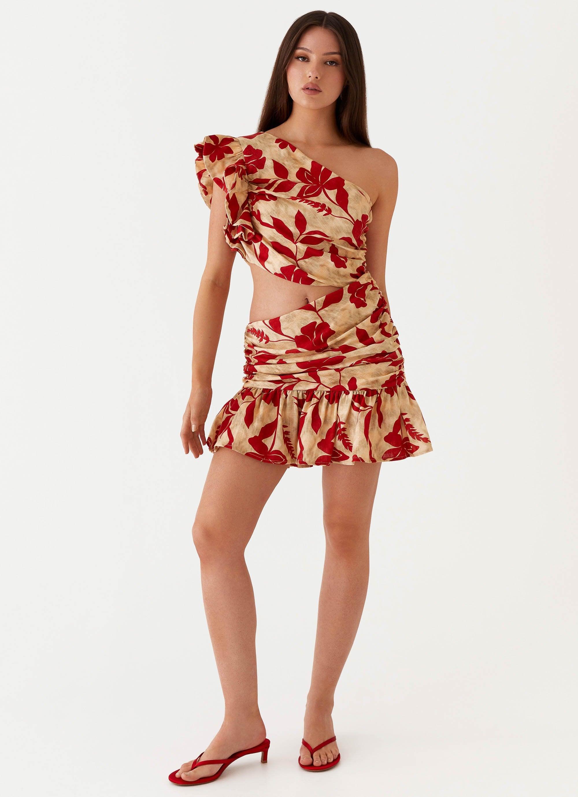 Maisie Linen Mini Dress - Red Green Floral Product Image