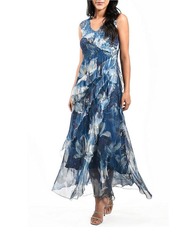 Komarov Sleeveless Ruffled V-Neck Chiffon Maxi Dress Product Image