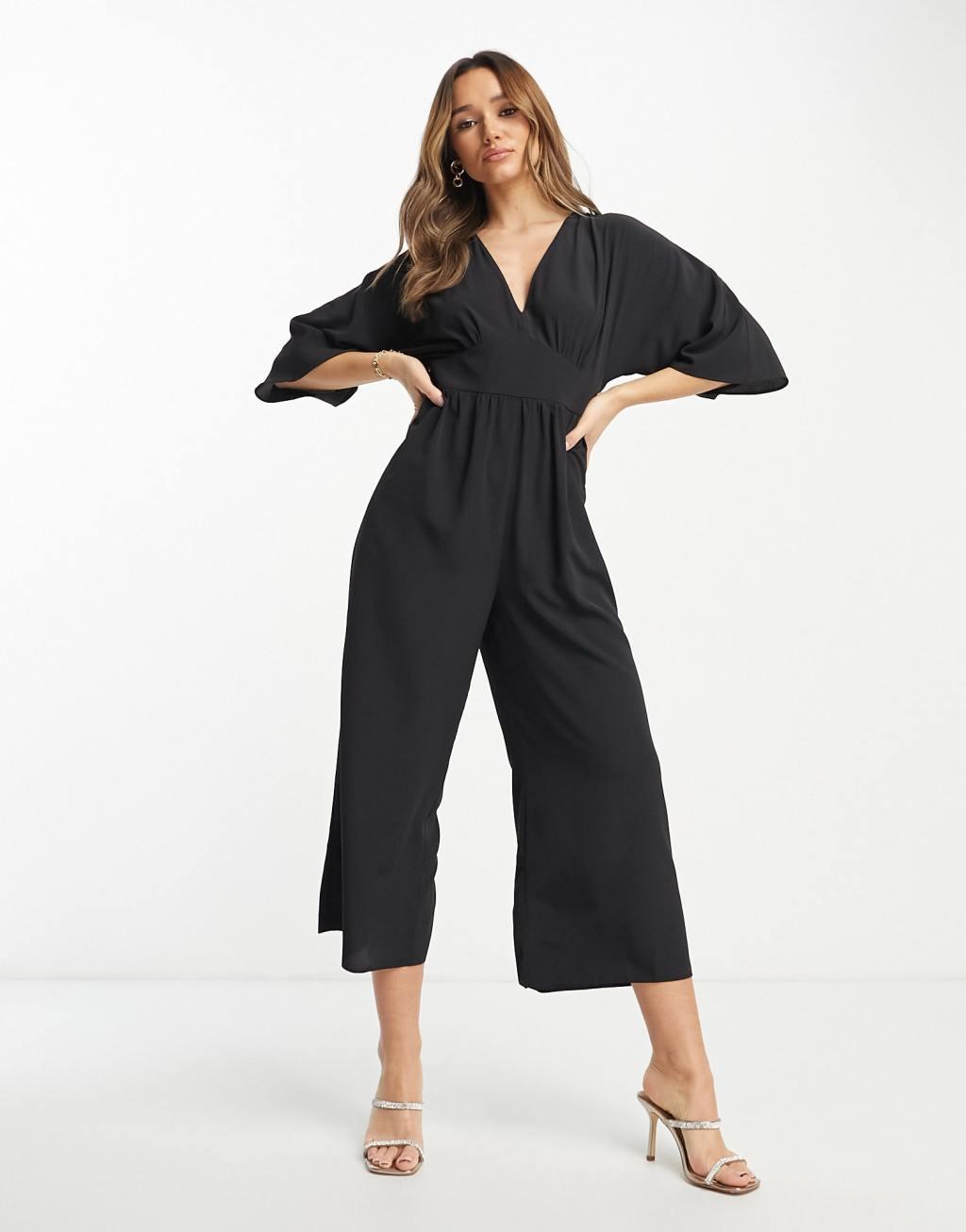 ASOS DESIGN kimono culotte jumpsuit in black Product Image