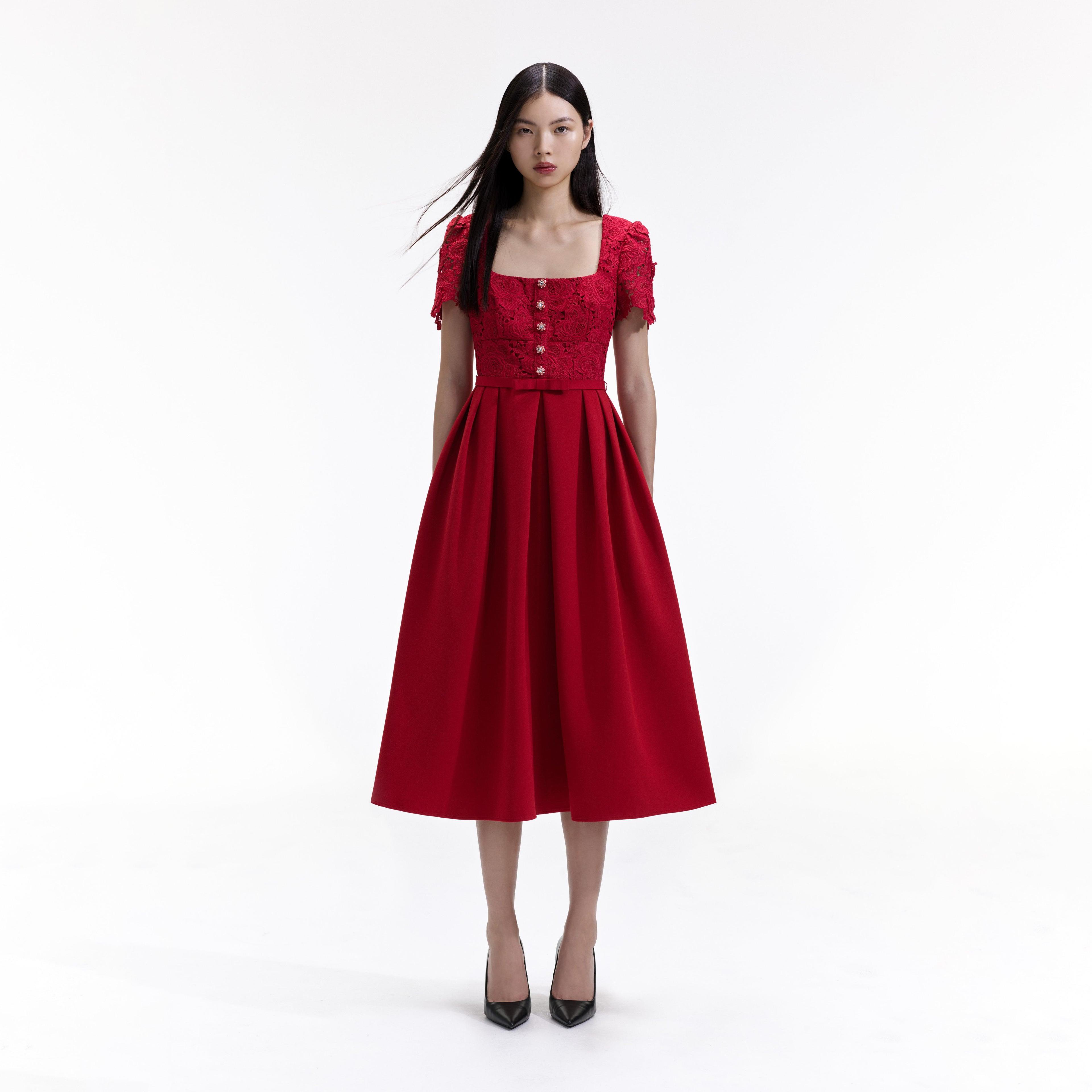 Red Lace Crepe Midi Dress product image