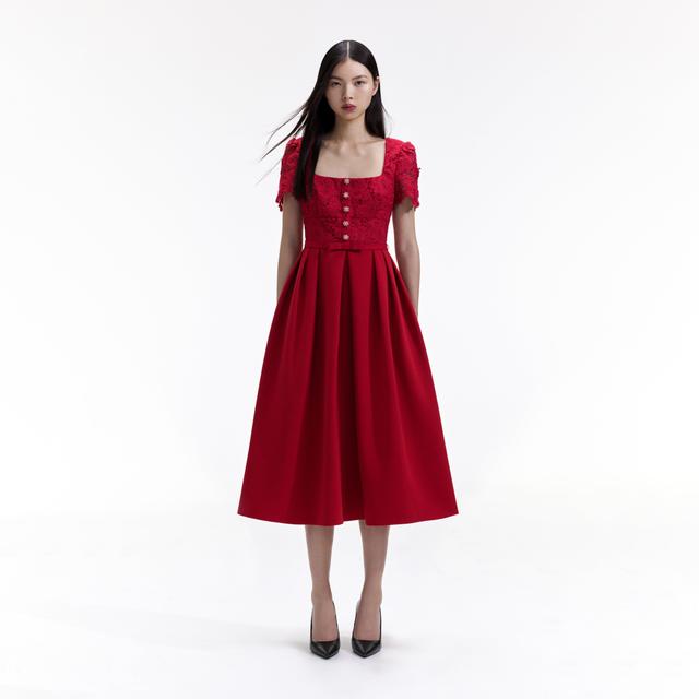 Red Lace Crepe Midi Dress Product Image