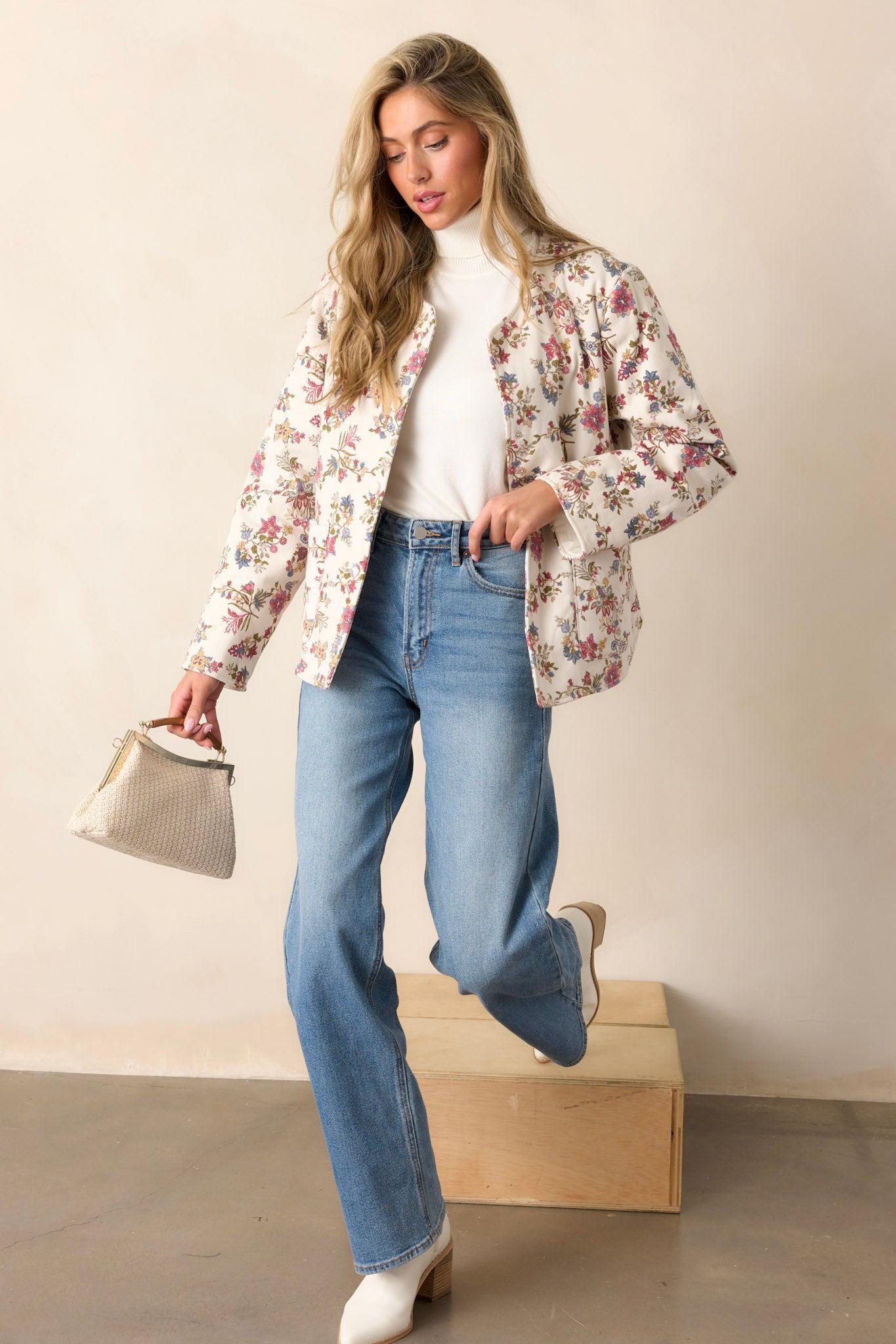 Wild Honey Ivory Floral Crew Neck Denim Jacket Product Image