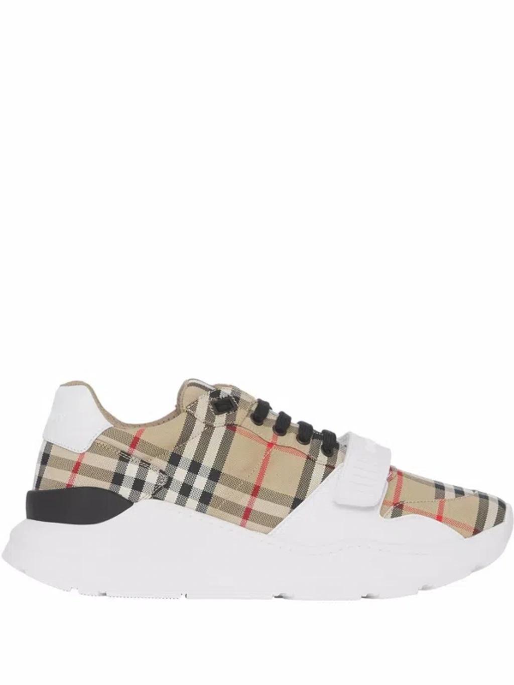 Organic Cotton Beige And White Check Pattern Low-top Sneaker For Men Product Image